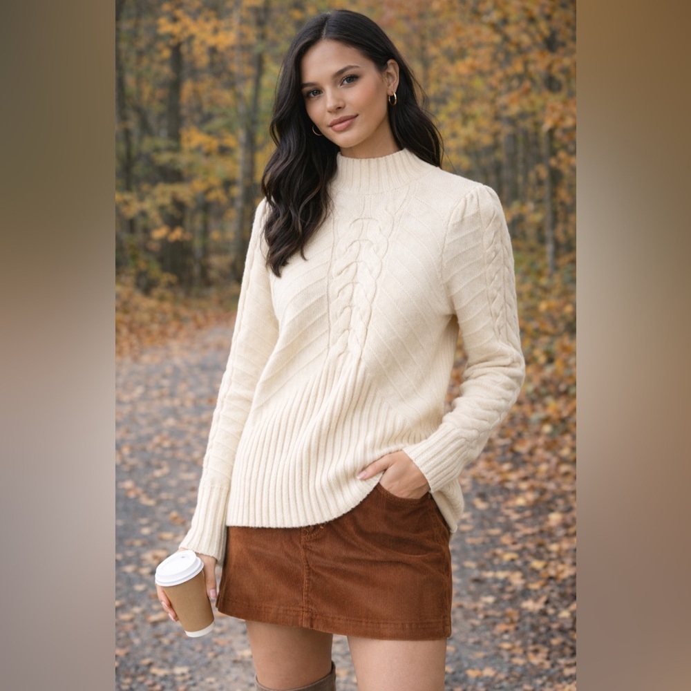 Marled Cream Cable Knit Mock Neck Sweater M Cozy Chunky Ribbed Winter Pullover - Picture 11 of 11